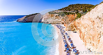 Aerial panorama of Porto Katsiki Beach one of the main tourist a Editorial Stock Photo