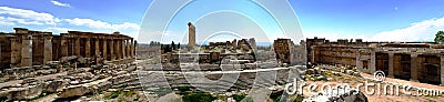 Aerial panorama of Ruins of Jupiter temple and great court of Heliopolis, Baalbek, Bekaa valley Lebanon Stock Photo
