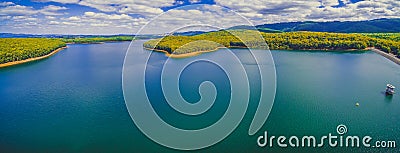 Aerial panorama of Silvan Reservoir lake. Stock Photo