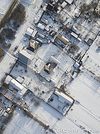 Aerial panorama - small houses and snow Stock Photo