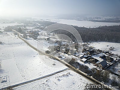 Aerial panorama - small houses and snow Stock Photo