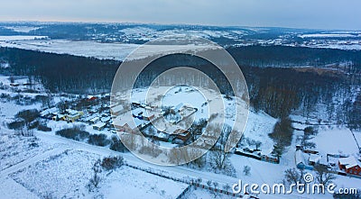 Aerial panorama - small houses and snow Stock Photo