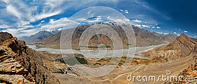 Aerial panorama of Spiti valley and Key gompa in Himalayas Stock Photo