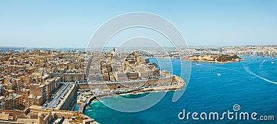 Aerial panorama sunrise photo - Ancient capital city of Valletta Stock Photo