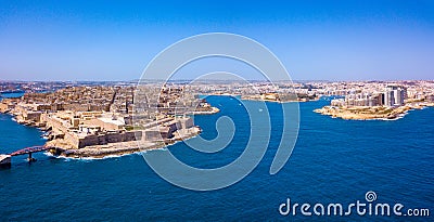 Aerial panorama sunrise photo - Ancient capital city of Valletta Stock Photo