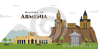 Aerial panorama view of Armenia city landscape travel sights, landmark buildings with Mt Ararat in the background. Beautiful Vector Illustration