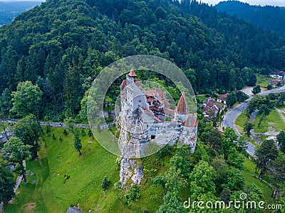 Aerial panorama view of the medieval Bran Castle, known for the myth of Dracula Editorial Stock Photo