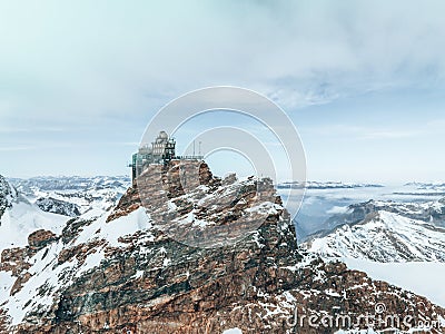 Aerial panorama view of the Sphinx Observatory on Jungfraujoch - Top of Europe Stock Photo