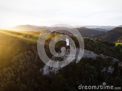 Aerial panorama of white observation on cliff edge Urlingerwarte on Blassenstein mountain hill in Scheibbs Lower Austria Stock Photo