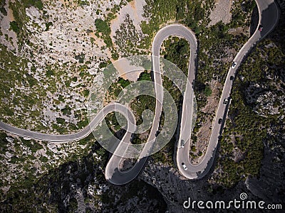 Aerial panorama of winding curvy mountain road street Sa Corbata Sa Calobra Mallorca Balearic Islands Spain Europe Stock Photo