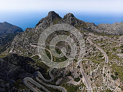 Aerial panorama of winding curvy mountain road street Sa Corbata Sa Calobra Mallorca Balearic Islands Spain Europe Stock Photo