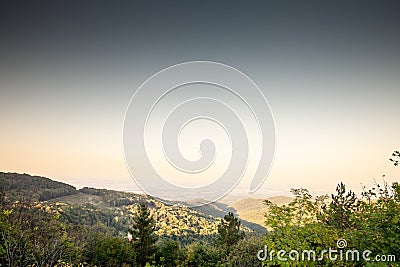 Aerial panoramal of the papuk mountains and the plains of Slavonija of Nothern Croatia seen from a hill of Papuk Park prirode Stock Photo