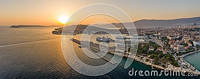 Aerial panoramic drone view of Split Ferry Port with sunset over horizon in summer Croatia Editorial Stock Photo