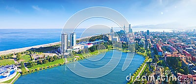 Aerial panoramic image of beautiful Batumi in Georgia made with drone in sunny summer weather Stock Photo