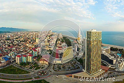 Aerial panoramic image of beautiful Batumi made with drone in sunny summer weather. Batumi is capital of Autonomous Republic of Stock Photo