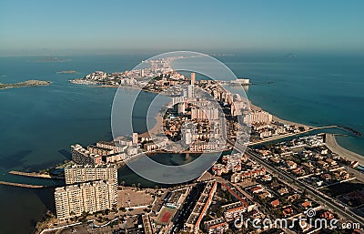 Aerial panoramic photography drone point of view La Manga del Mar Menor Stock Photo