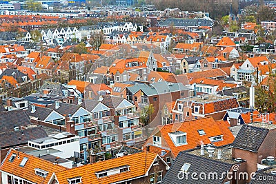 Aerial panoramic street view with houses in Delft, Holland Editorial Stock Photo