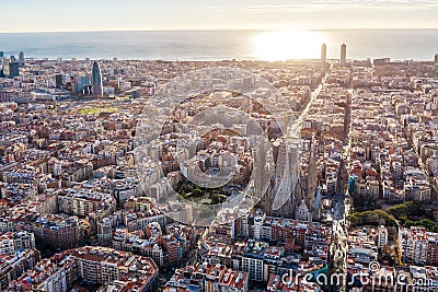 Aerial panoramic view of Barcelona Spain. Barceloneta, beach, sea, cathedral, historic center, gothic quarter Editorial Stock Photo