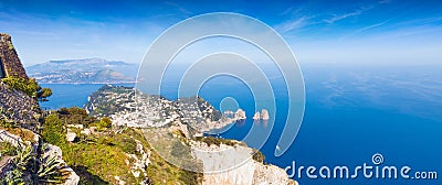 Aerial panoramic view of Capri Island and famous Faraglioni Rocks, Italy Stock Photo