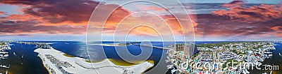 Aerial panoramic view of Destin Harbor at dusk, Florida Stock Photo