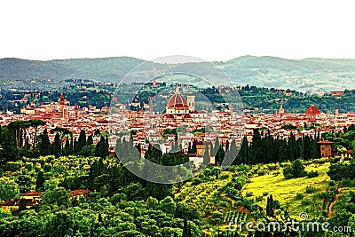Aerial panoramic view of Florence skyline and tuscany countryside, Italy Editorial Stock Photo