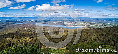 Aerial panoramic view of forest and Silvan Reservoir. Stock Photo