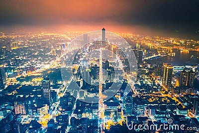 Aerial panoramic view of kaohsiung city skyline at night. Stock Photo