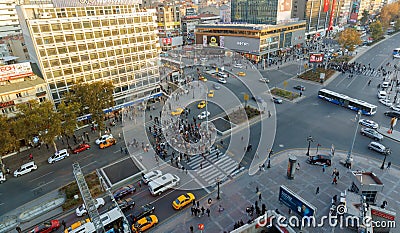 Aerial panoramic view of Kizilay Square | Kizilay Meydani, one of the most important centers and junction points of Ankara. Editorial Stock Photo