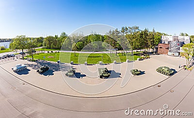 Aerial panoramic View at the Museum diorama Breakthrough of the siege of Leningrad in sunny summer day. Monument Soviet tanks KV-1 Editorial Stock Photo