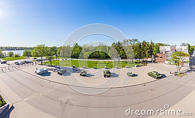 Aerial panoramic View at the Museum diorama Breakthrough of the siege of Leningrad in sunny summer day. Monument Soviet Editorial Stock Photo