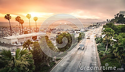 Aerial panoramic view of Ocean Ave freeway in Santa Monica beach Stock Photo