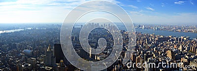 Aerial panoramic view over lower Manhattan, New York Stock Photo