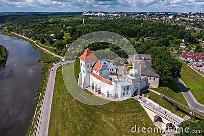 Aerial panoramic view promenade overlooking the old city and historic buildings of medieval castle near wide river Stock Photo