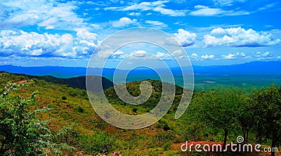 Aerial panoramic view to Stephanie Wildlife Sanctuary and weito valley, Karat Konso, Ethiopia Stock Photo