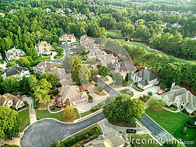 Aerial panoramic view of an upscale subdivision shot during golden hour Stock Photo