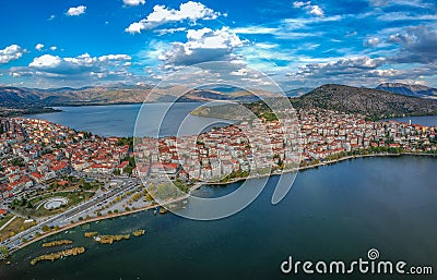 Aerial panoramic view of the wonderful Kastoria town over lake Orestiada, Macedonia, Greece Stock Photo