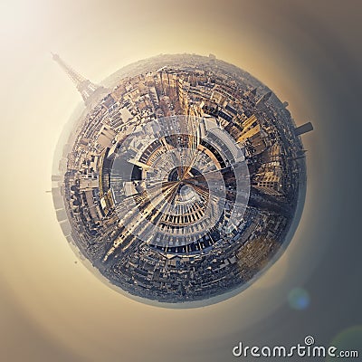Aerial Paris as a mini planet in space. Sightseeing city panorama in shape o a globe with view to the Eiffel Tower, France. Stock Photo