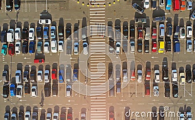 Aerial. Parking lot and cars near the mall. Stock Photo