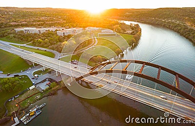 Aerial Pennybacker Bridge or 360 Bridge Austin Texas Landscape Over Colorado River Town Lake Stock Photo