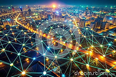 Aerial Perspective of a Decentralized Blockchain Network Drone Imagery Reveals Interconnected Nodes and Data Flow in a Stock Photo