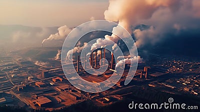 Aerial perspective, a factory belches out thick plumes of smoke. Generative AI Stock Photo