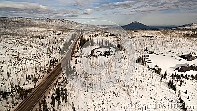 Aerial Perspective Over Highway 20 East Black Butte in the Distance Stock Photo