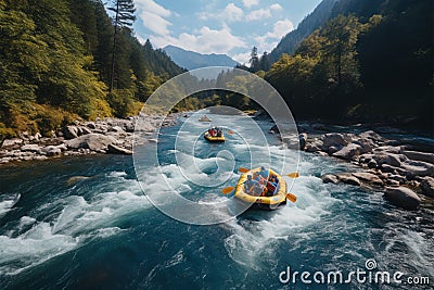 Aerial perspective Rafting adventure on a lively mountain river creek Stock Photo