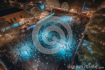 Aerial perspective of roller skaters circling an old-fashioned outdoor roller rink set under a sea of twinkling stars on a clear Stock Photo