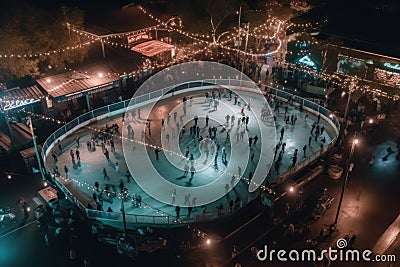 Aerial perspective of roller skaters circling an old-fashioned outdoor roller rink set under a sea of twinkling stars on a clear Stock Photo