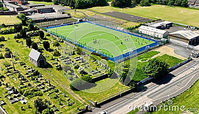 Aerial photo of the artificial turf and 3g Playing fields at Larne High School in Larne Co Antrim Northern Ireland Editorial Stock Photo