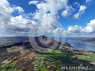 Aerial photo of Barnevave and Slieve Foye Mountains Glenmore Valley Cooley Peninsula Carlingford Lough Louth Irish Sea Ireland Stock Photo