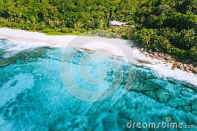 Aerial photo of bizarre paradise tropical beach Anse Bazarca at Mahe island, Seychelles. White sand, turquoise water Stock Photo