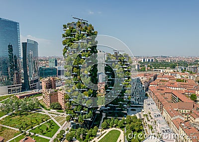 Aerial photo of Bosco Verticale, Vertical Forest in Milan, Porta Nuova district Editorial Stock Photo