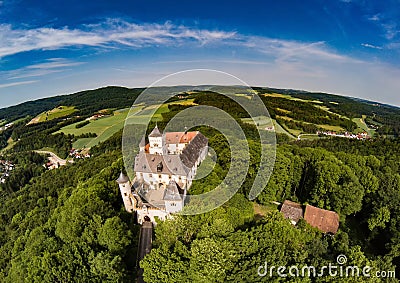 Aerial photo of castle Greifenstein at the franconian suisse Stock Photo